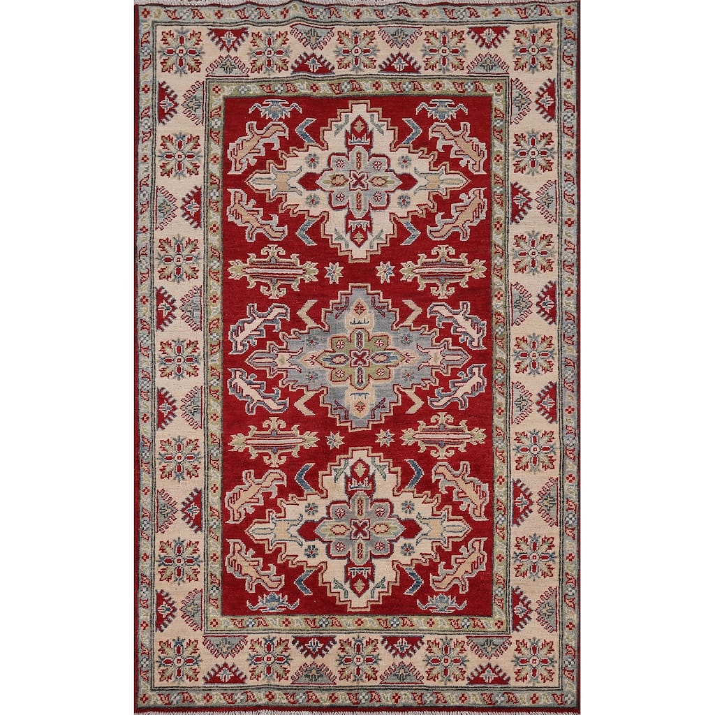 Geometric Red Kazak Oriental Rug Hand-Knotted Oriental Wool Carpet - 4'1" x 6'7"