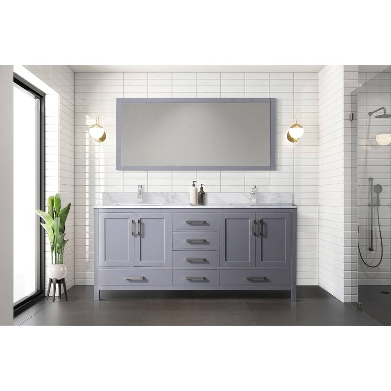 Jacques 72 in. W x 22 in. D Distressed Grey Double Bath Vanity, Carrara Marble Top, Faucet Set, and 70 in. Mirror
