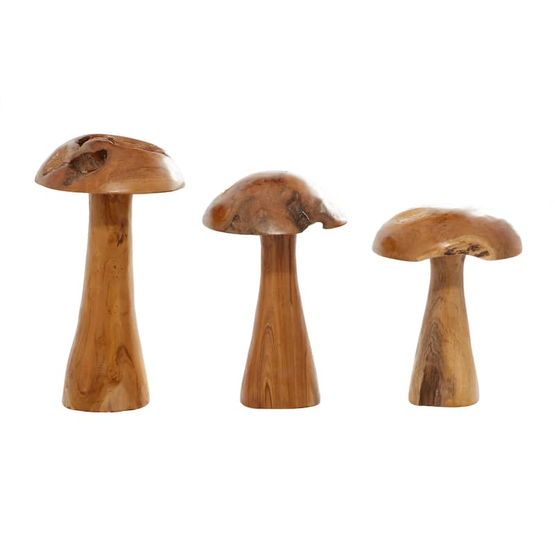 Teak Wood Mushroom Handmade Live Edge Sculpture with Natural Smooth Finish - Set of 3 Brown - Roche River Decor