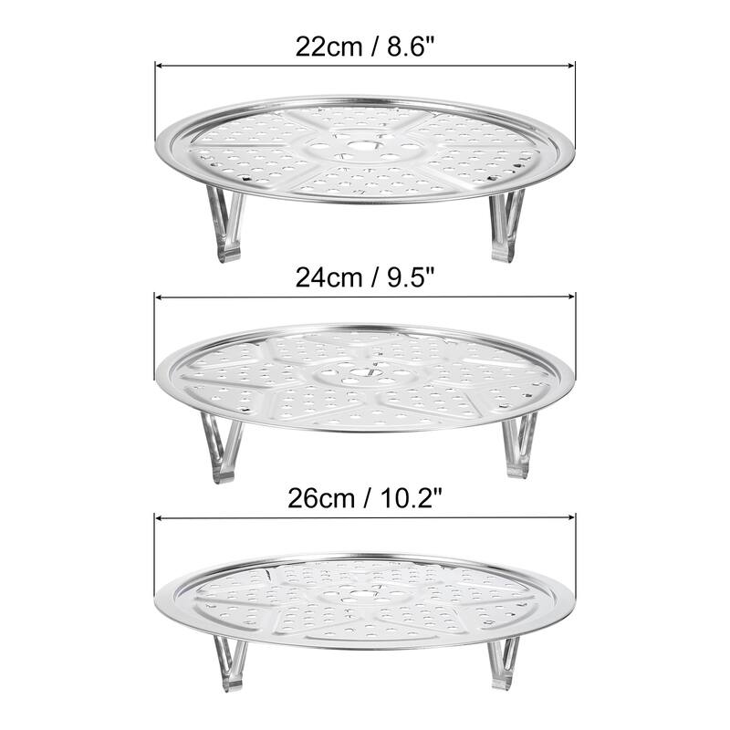 Stainless Steel Steamer Rack w Stand, Insert Stock Pot Steaming Tray - Silver Tone - 8.6",9.5",10.2"(3pcs)