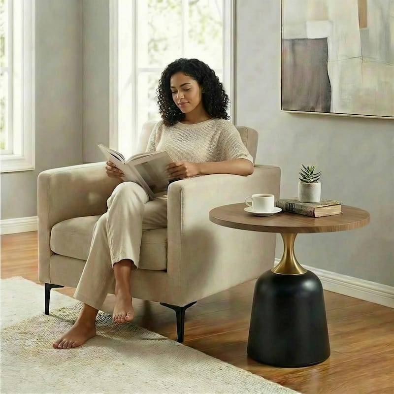 Small Circular Side Table Coffee Table, Metal Base Living Room Table, Walnut Wood Grain Minimalist Modern Decoration