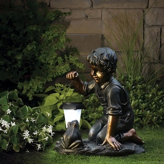 Bronze Resin Boy and Frog Garden Statue with Solar Light