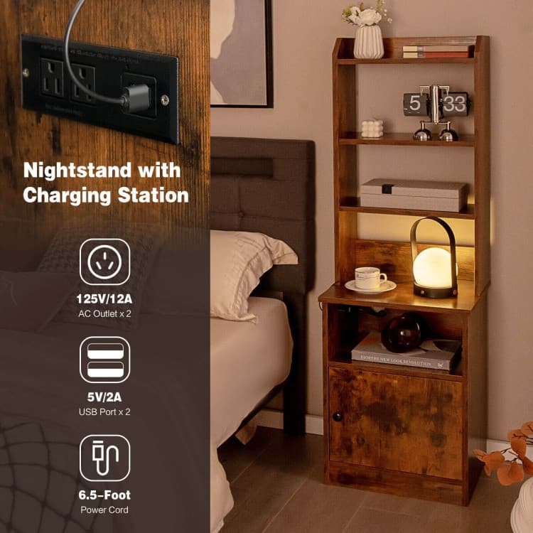 6-Tier Bookshelf with Charging Station and Cabinet