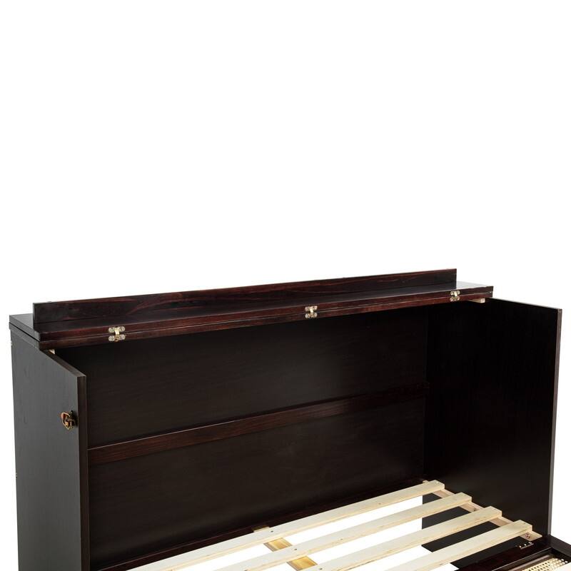 Murphy Bed Cabinet with Large Storage Drawer, Wood Hideaway Wall Bed Frame with USB Ports, Rattan Decoration Panel