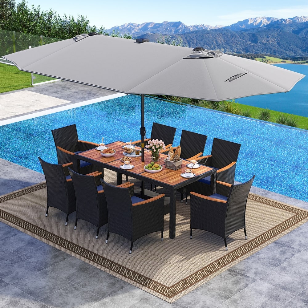 Gymax 11 PCS Patio Dining Set w/ 15ft Double-Sided Patio Umbrella