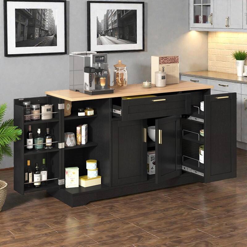 Multi-Functional Storage Sideboard & Extendable Dining Table with Adjustable Shelves, 3-Tier Pull-Out Rack