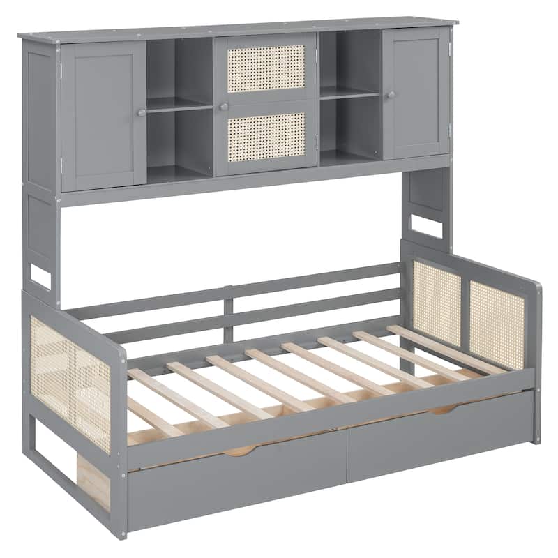 Twin Size Daybed with All-in-One Cabinet Headboard, Space Saving Wooden Platform Bed Frame with 2 Storage Drowers and Shelfs