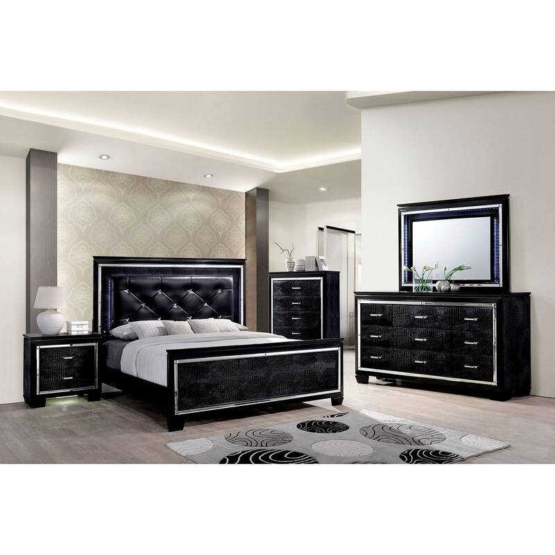 Black Tufted Platform Bed with LED Headboard, Queen Size