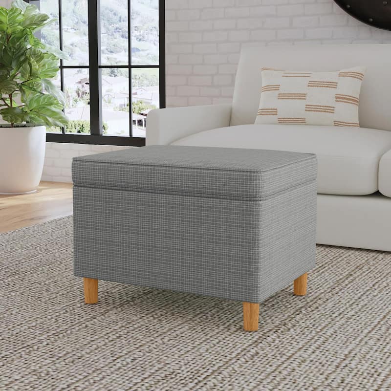 Dinah 24" Storage Ottoman with Cone Wood Legs - Sage Mini Grid Pattern Woven
