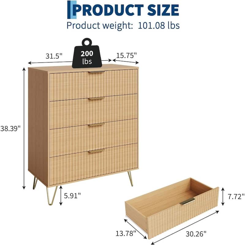 32" Wide Modern Fluted Dresser for Bedroom with 4 Drawers