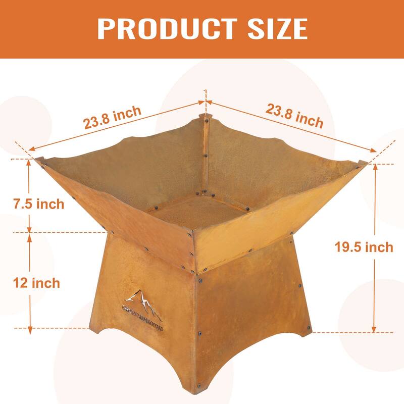 Aoodor 24" Rustic Corten Steel Fire Pit with 12" Stand, Rust Patina Finish, Detachable Wood-Burning Fire Bowl for Outdoors