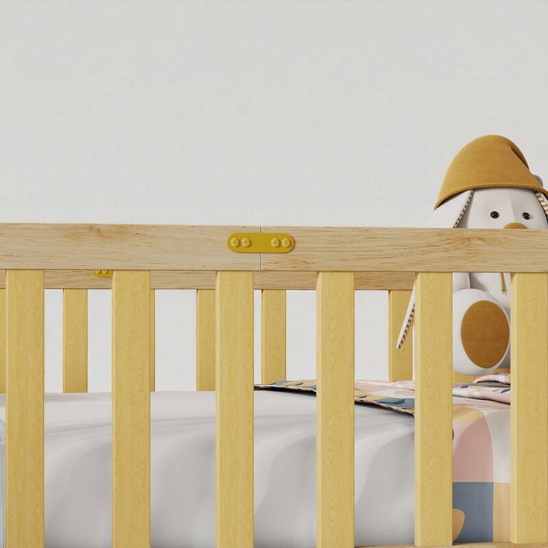 Twin Size Rubber Wood Floor Bed with Fence and Door, Montessori Platform Bed with Safety Guardrails for Kids