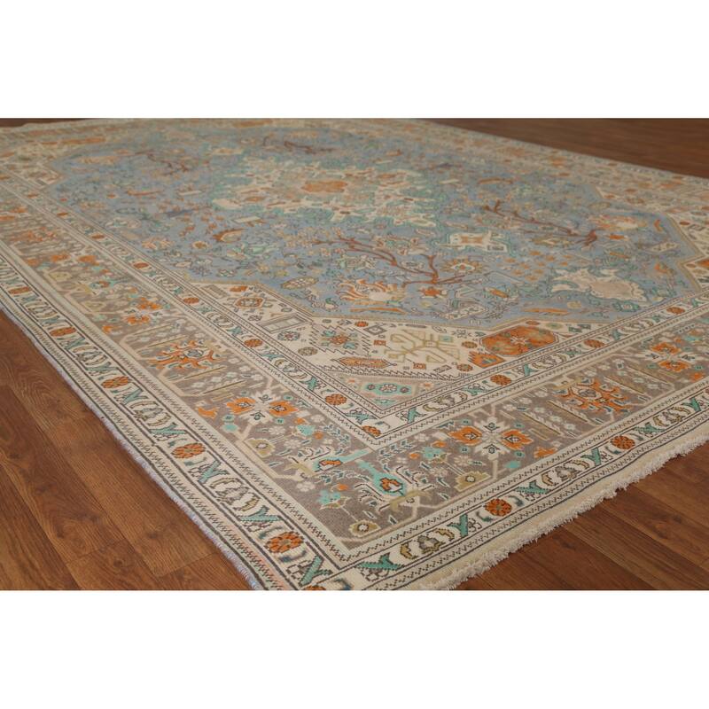 Blue Tabriz Persian Vintage Area Rug Hand-Knotted Oriental Wool Carpet - 8'3" x 11'4" - 8'3" x 11'4" - Blue