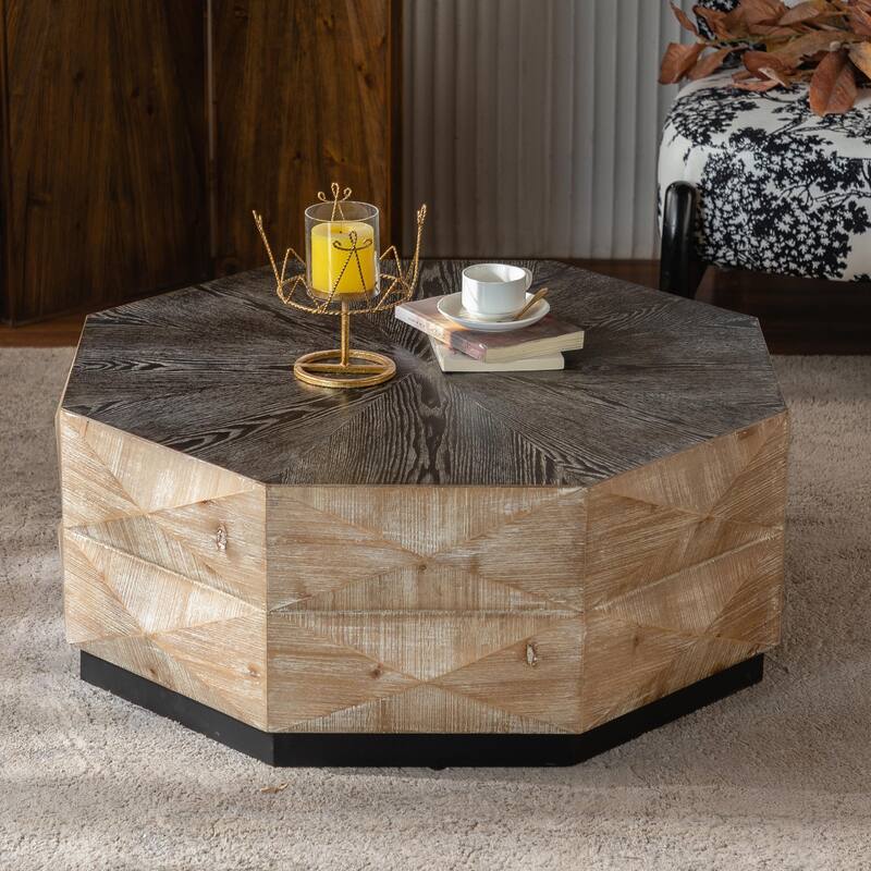 Hexagon Coffee Table - Rustic Wood, 3D Pattern, Farmhouse Style - Wood