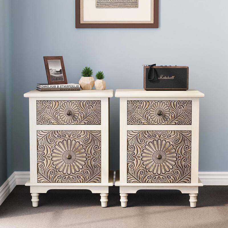 SUNBURY Solid Wood Accent Nightstand End Table w Storage Drawers - 2pc-Flower