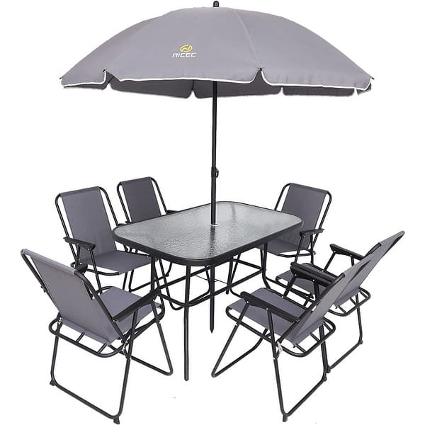 slide 2 of 5, 8-Piece Patio Dining Set, Garden Outdoor Table Set with Removable Umbrella, Glass Table, and 6 Folding Chairs Silver