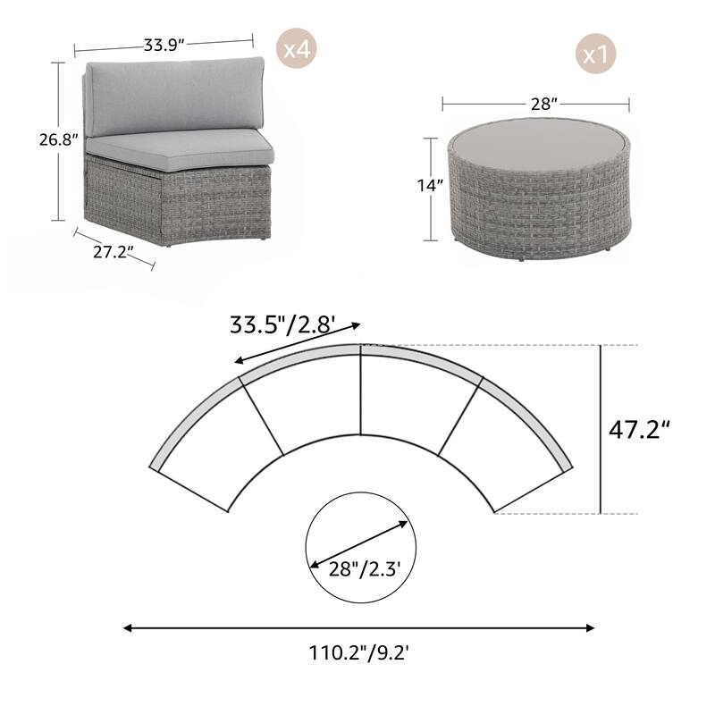 Cushioned Wicker Half-moon 5-piece Outdoor Sectional Set