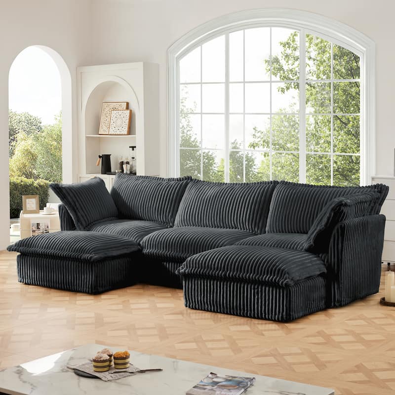 Slipcovered U-Shape 3-Seater Corduroy Sectional Deep Seat Sofa Couch