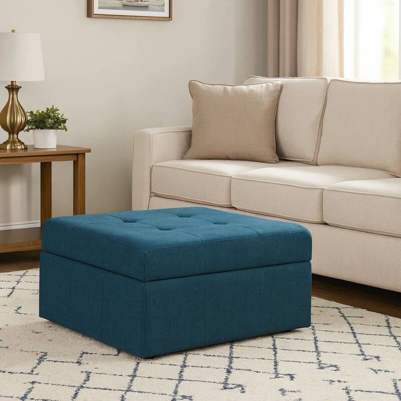 Low Accent Ottoman with Storage, 31 Inch Square, Tufted Navy Blue