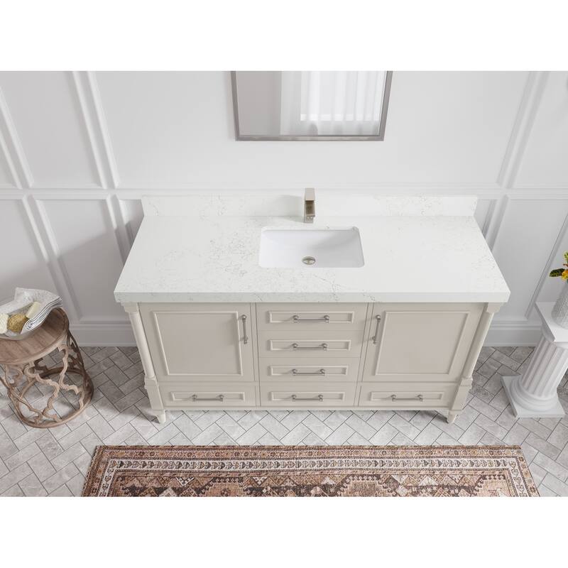 Willow Collections 60 in. W x 22 in. D Aberdeen Single Bowl Sink Bathroom Vanity with Countertop - 2" Empira White - Fine Grain
