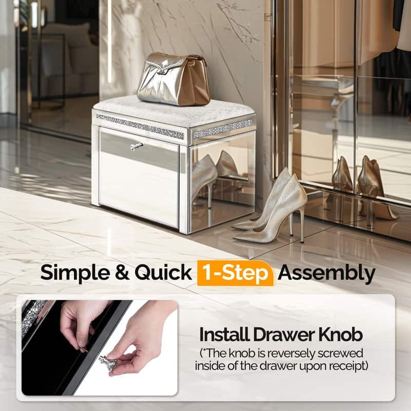 Pre-Assembled Mirrored Shoe Storage Bench with Flip Drawer Silver