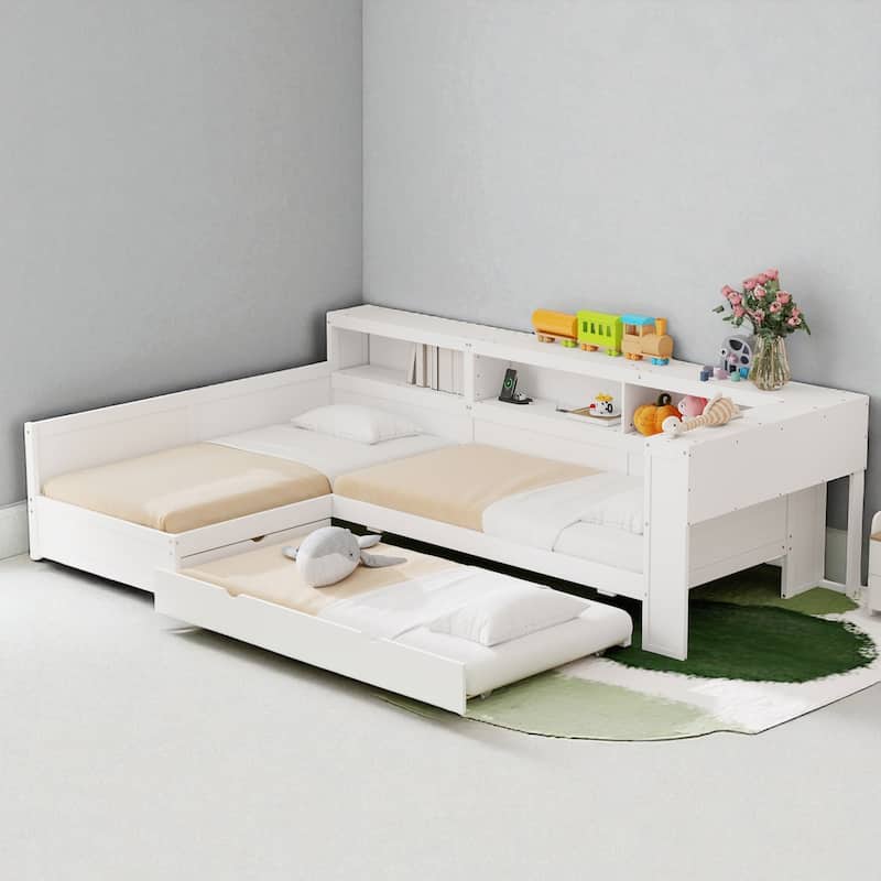 Twin Size L-Shaped Platform Bed with Trundle, Storage Drawer, Shelves, USB Charging Station, Solid Wood Frame