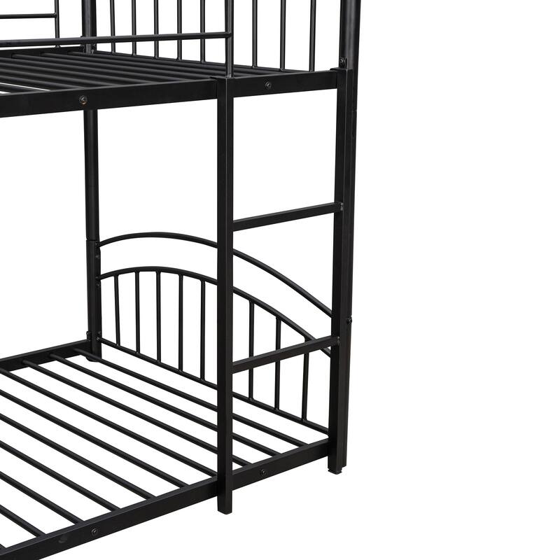 Black Twin over Twin Size Metal Bunk Bed With Slide, Roof, Fence and Ladder for Bedroom