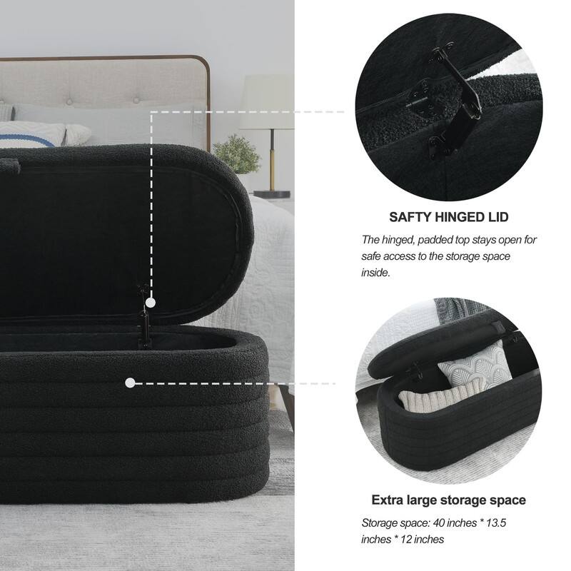 45" White Teddy Storage Ottoman Bench for Living Room Bedroom,Oval Sherpa Storage Bench Ottoman Foot Rest Anti-slip Legs
