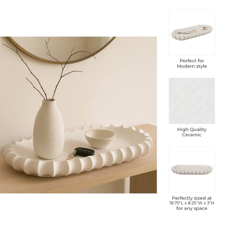 Ceramic Decorative Tray Sculpted Edge Design Modern Decor - 3" Ivory - 18.75"