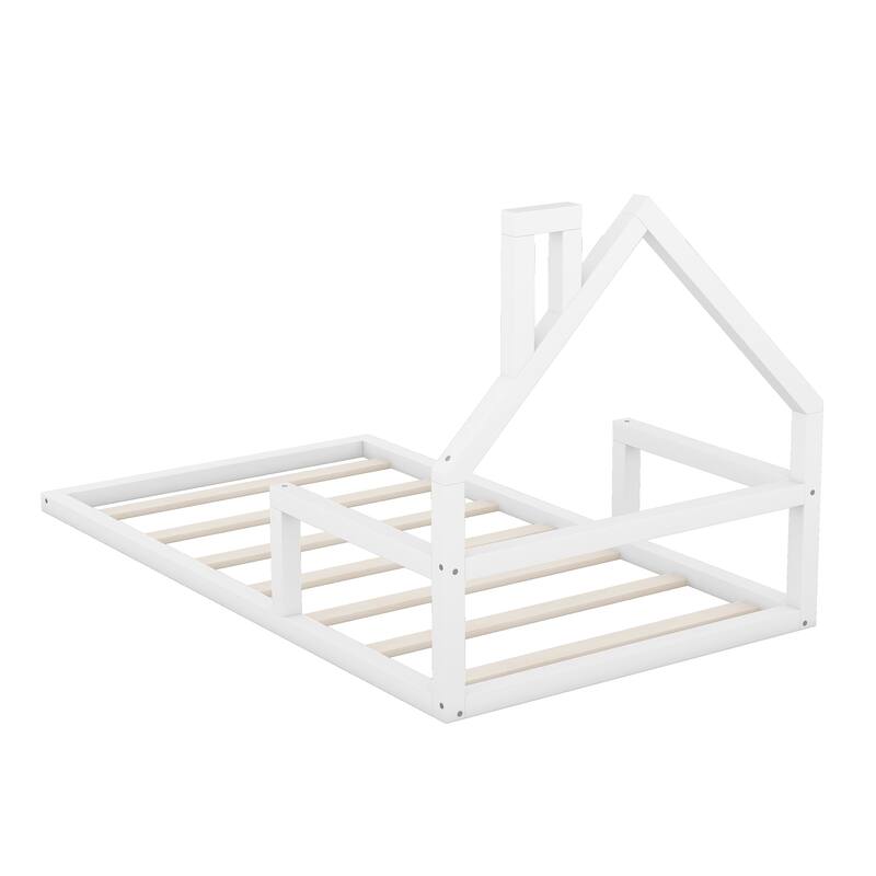 Full Size House Headboard Floor Bed, No Box Spring Needed, Durable Wood Frame