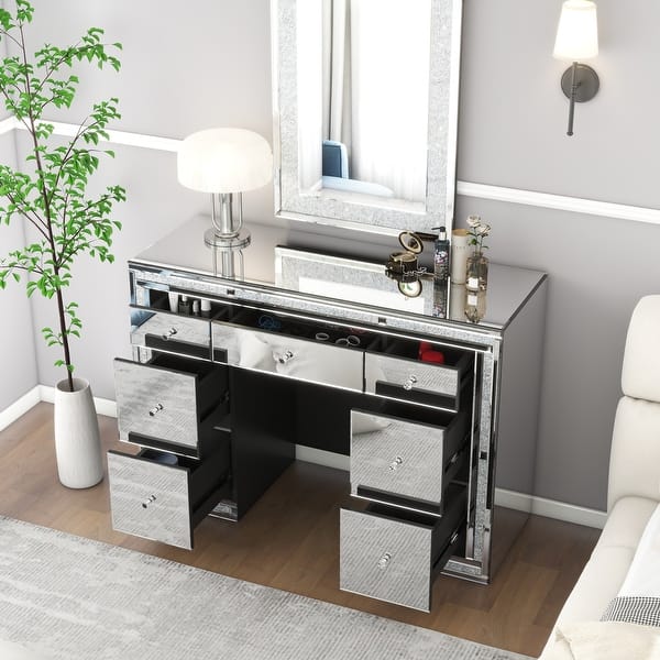 7 drawer classic mirrored dressing table 7-Drawer Mirrored Vanity Dressing Makeup Table with Sparkling Diamond - On  Sale - Bed Bath & Beyond