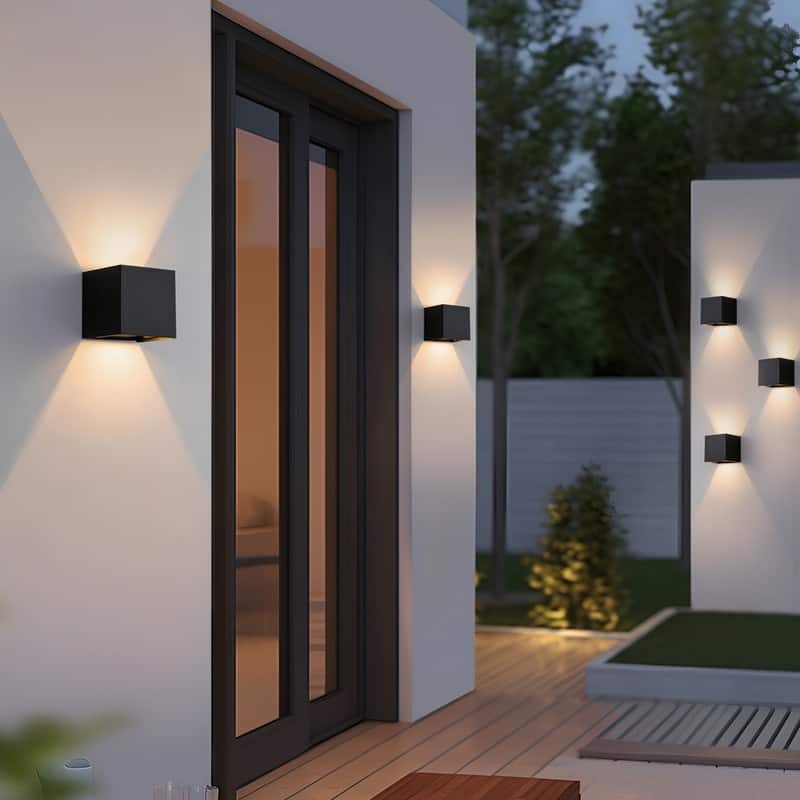 Modern Led Wall Sconces (2-pack), Black Square Up Down Lights, Ip65 Waterproof Aluminum Fixtures For Indoor/outdoor Use