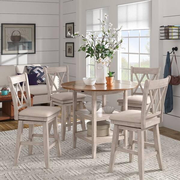 Eleanor Antique White Drop Leaf Round Counter Height Dining Set By Inspire Q Classic Overstock 30932146 A dropleaf and a wine storage base and open display space.