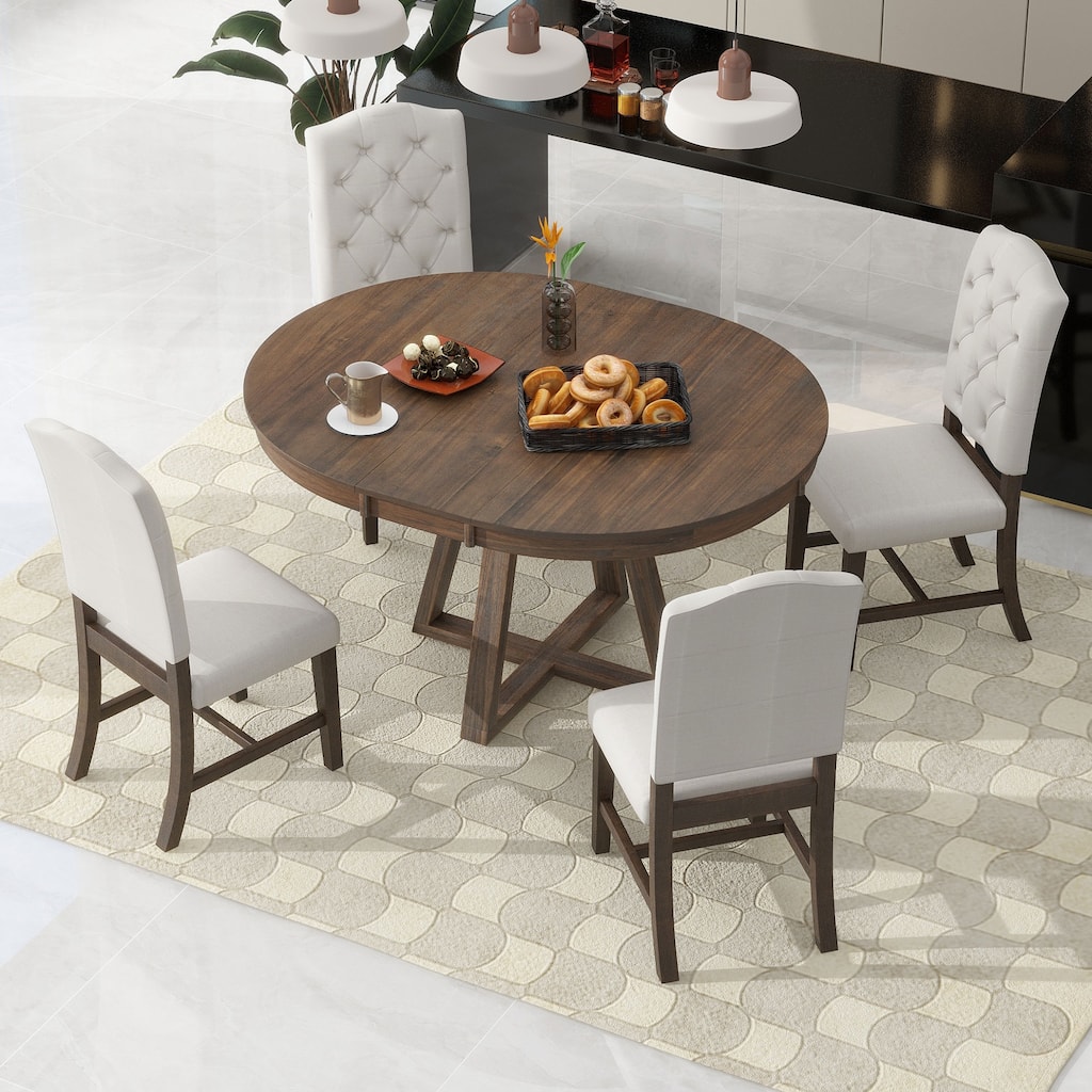 5-Piece Retro Functional Dining Set Round Leaf Table