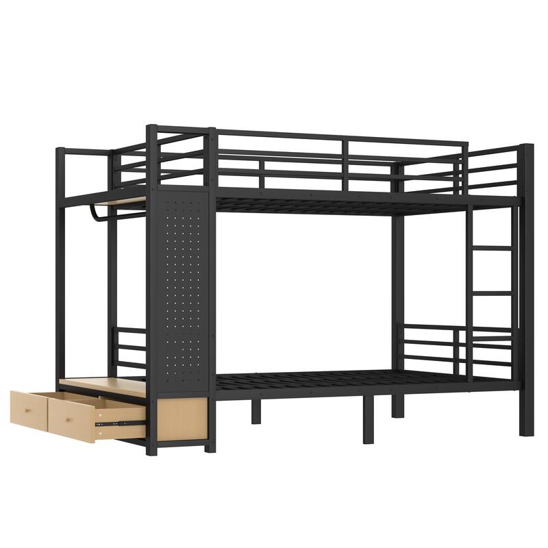Multifunctional Full Over Full Bunk Bed for Teens with Built-in Wardrobe, Open Shelf, Drawers and Pegboard, Metal Bed Frame