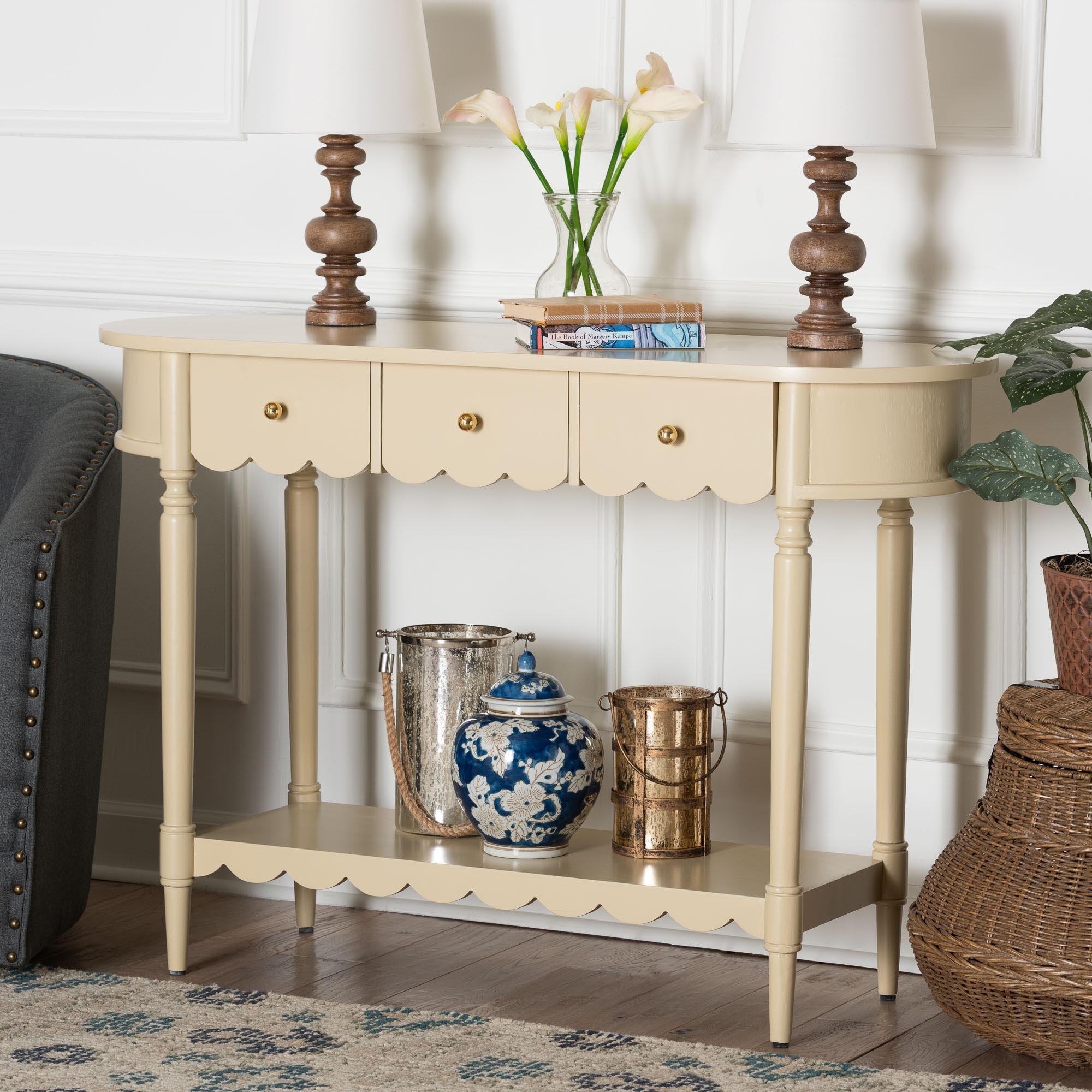 Liba Console Table - 3-Drawer Accent Table with Scalloped Detailing and Open Shelf Storage for Hallway, Entryway, or Living Room