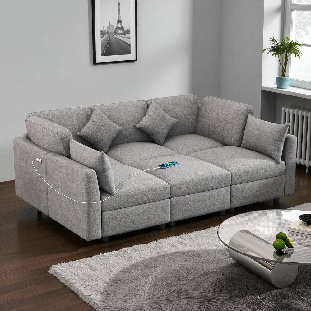 86.6" Modular Sectional Sofa with Ottoman and USB Ports, U-Shaped L-Shape Couch Bed with Chenille Fabric for Living Room