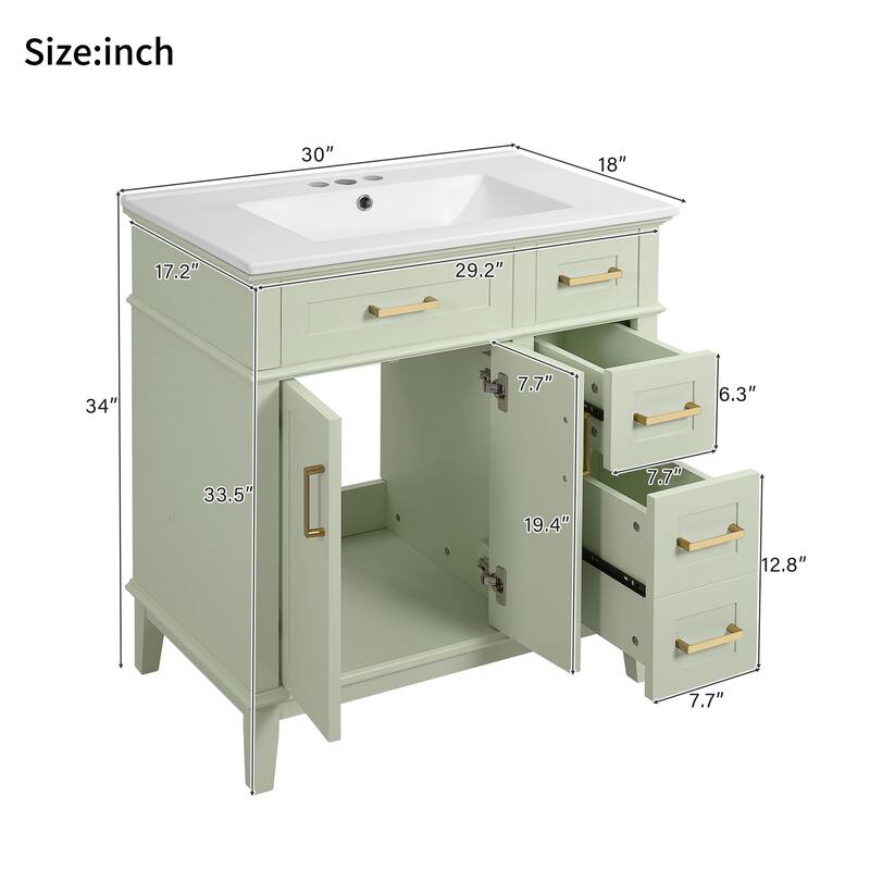 30" Bathroom Vanity with Ceramic Sink, Deep Drawer, Gold Handles & Soft-Close Doors - Modern Storage Cabinet
