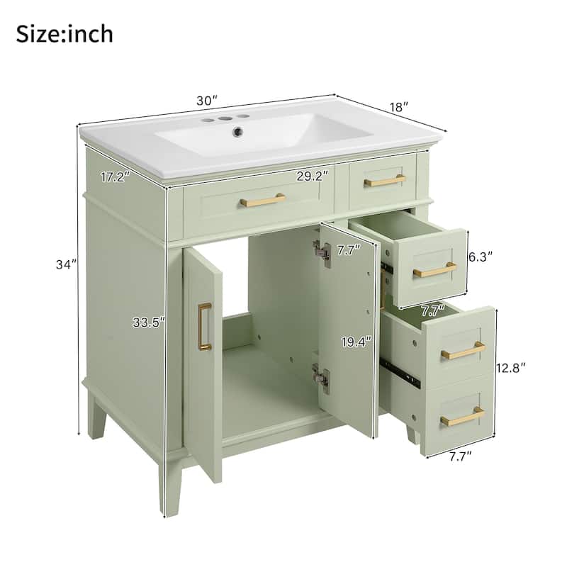 30" Bathroom Vanity with Ceramic Sink - Modern Cabinet with Soft-Close Doors, Deep Drawer & Standard Drawer