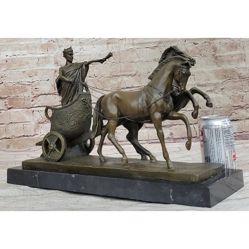 Roman Caesar Pulled By Horses On Chariot Bronze Statue Sculpture Figure 11 Inches X 17 Inches