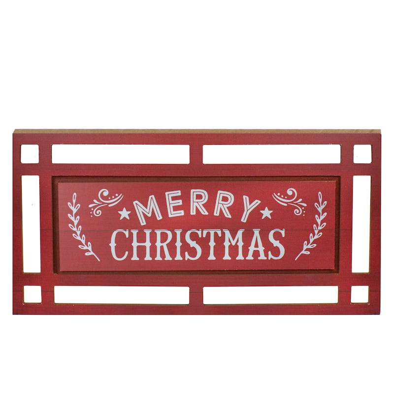 24" red and white merry christmas rectangular carved wooden wall sign