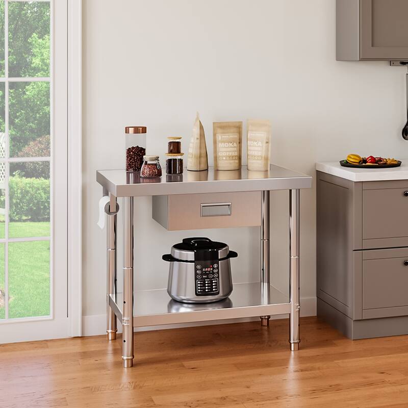 36" × 24" Stainless Steel Table with Paper Towel Holder and Drawer - Silver