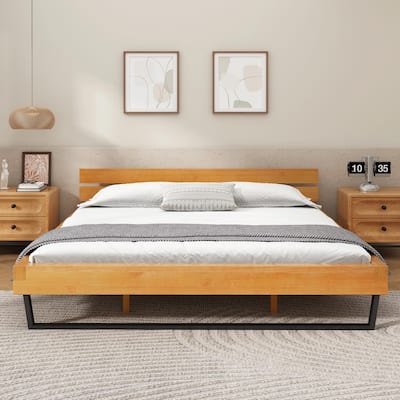 Pine Wood Bed Frame, Natural & Black Color