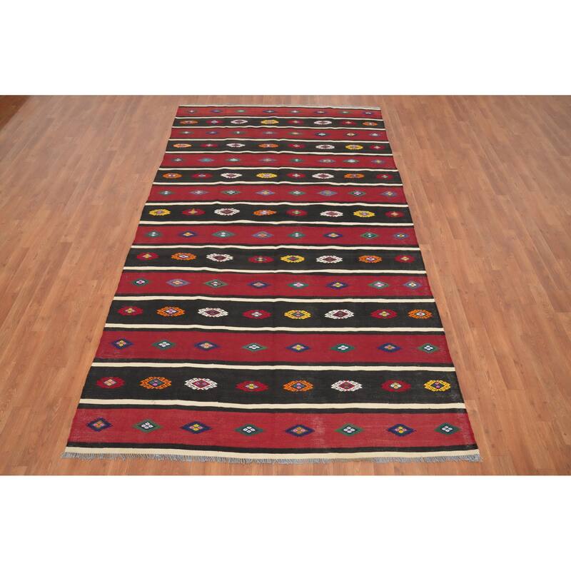 Hand Woven Oriental 100% Wool Carpet Southwestern Tribal Red Kilim Area Rug - 9' 9'' X 5' 7''