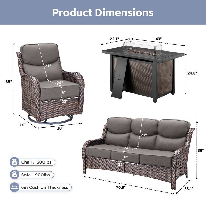 Arcadia 4-Piece PE Wicker Patio Seating Set with Durable All-Iron Fire Pit and 6-Inch Cushions