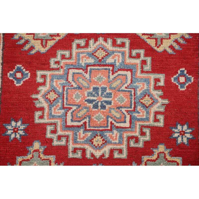 Geometric Red Kazak Runner Rug Hallway Hand-Knotted Wool Carpet - 2'7" x 8'0"