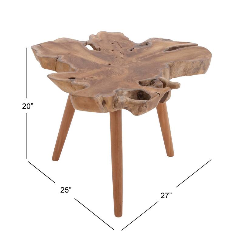 Brown Teak Wood Handmade Live Edge Side End Accent Table with Tripod Legs