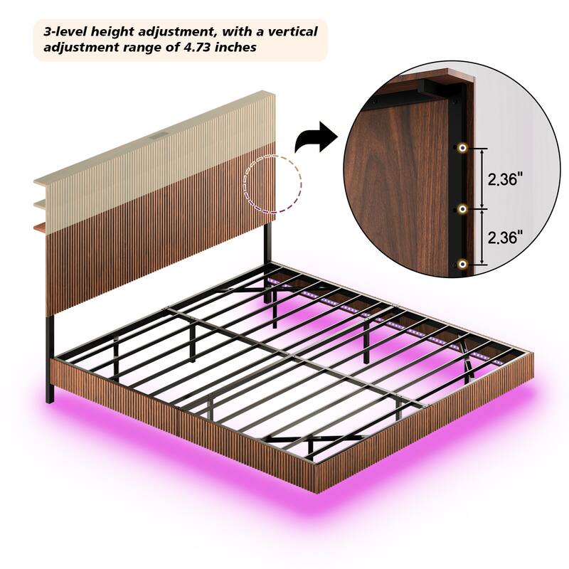 King floating bedstead, with charging station and LED lights, wavy headboard, with heavy metal Flat noodles