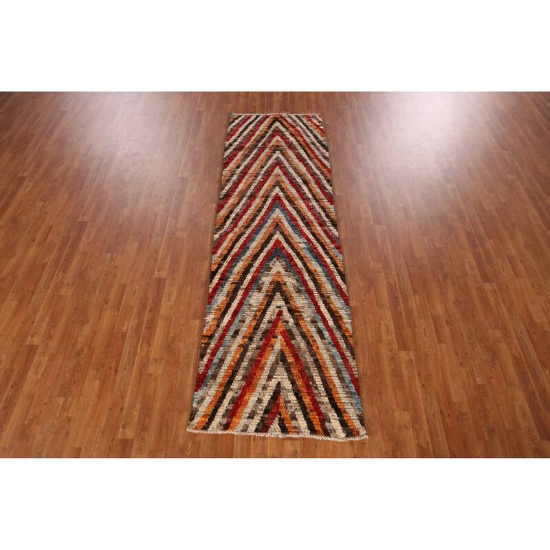 Chevron Style Moroccan Oriental Runner Rug Handmade Wool Carpet - 2'11" x 9'6"
