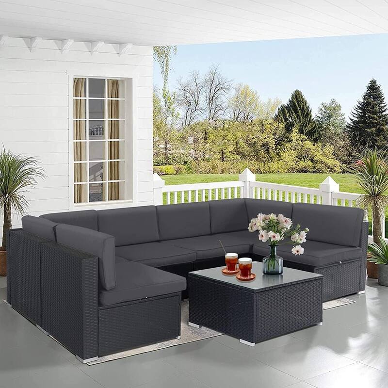7 Piece Outdoor Patio Furniture Set Grey/Black Wicker Conversation Sectional Sofa Set with Coffee Table and Cushions